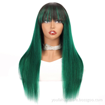 Chinese Vendor Raw Human Hair Glueless None Lace Bangs Wig Ombre 1B Green Virgin Hair Full Machine Made Wigs for Black Women